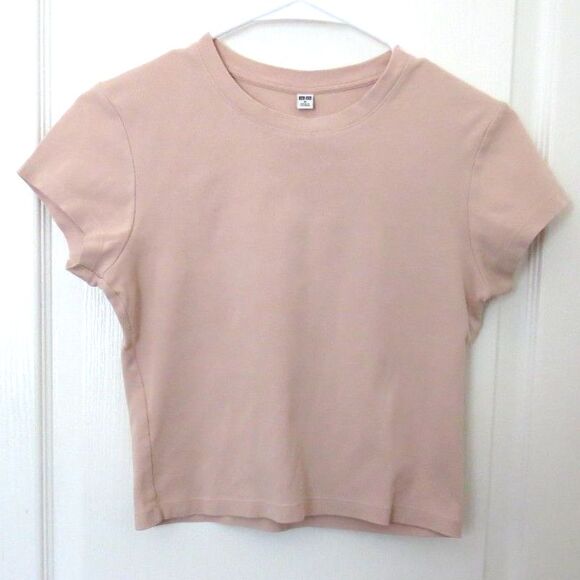 Uniqlo Tops - Uniqlo Women's Fitted Crew Neck Baby T-shirt Crop Top Pink M EUC